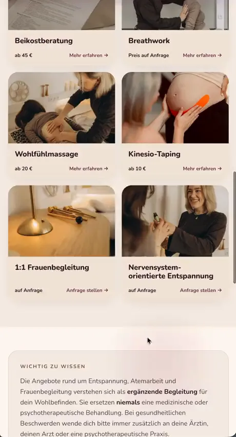 hebamme-verena-radke.de in Bewegung: durch die Kursübersicht scrollen, einen Kurs öffnen und einen freien Termin im Kalender buchen